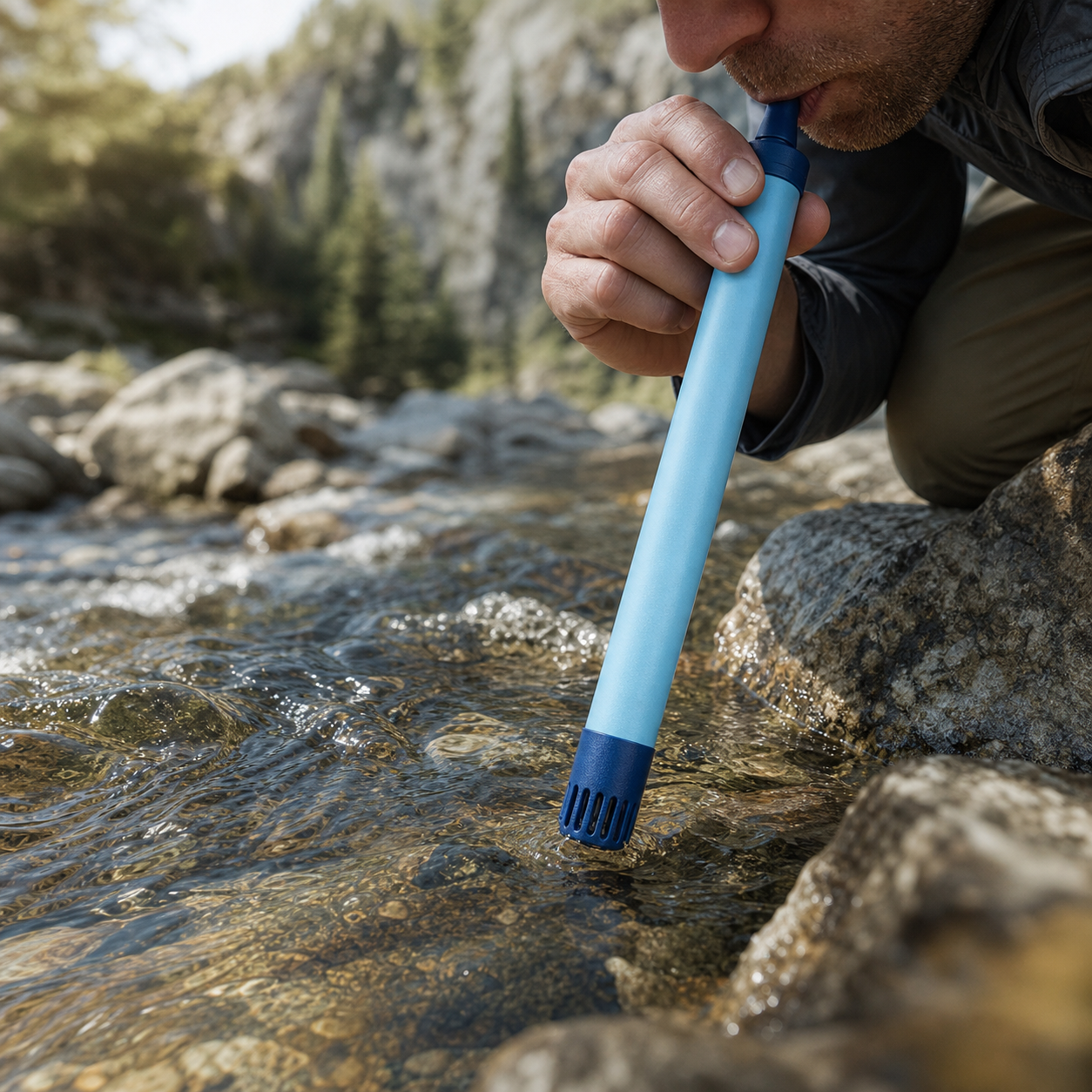 Filtre à eau portable en utilisation à la rivière