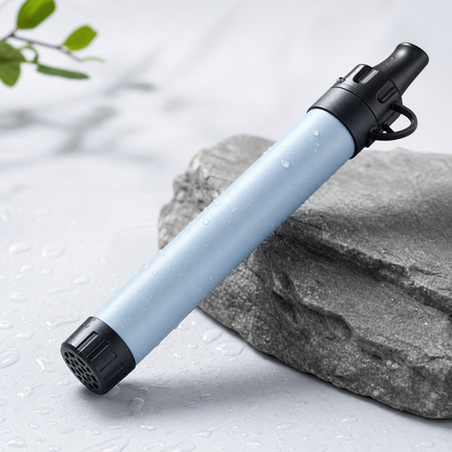 Filtre à eau portable en usage près d'un ruisseau